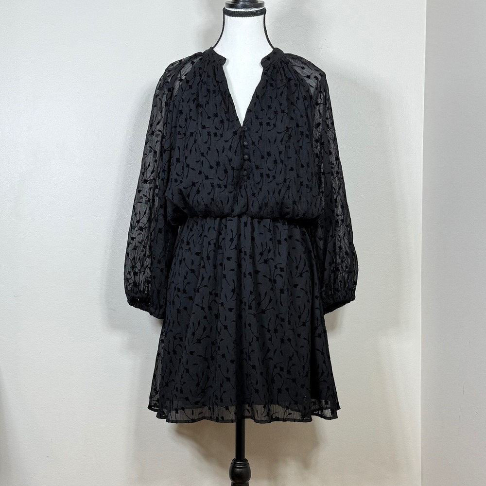 Zara Womens Dress XS Black Floral Burnout Velvet Sheer Long Sleeve Boho Mini